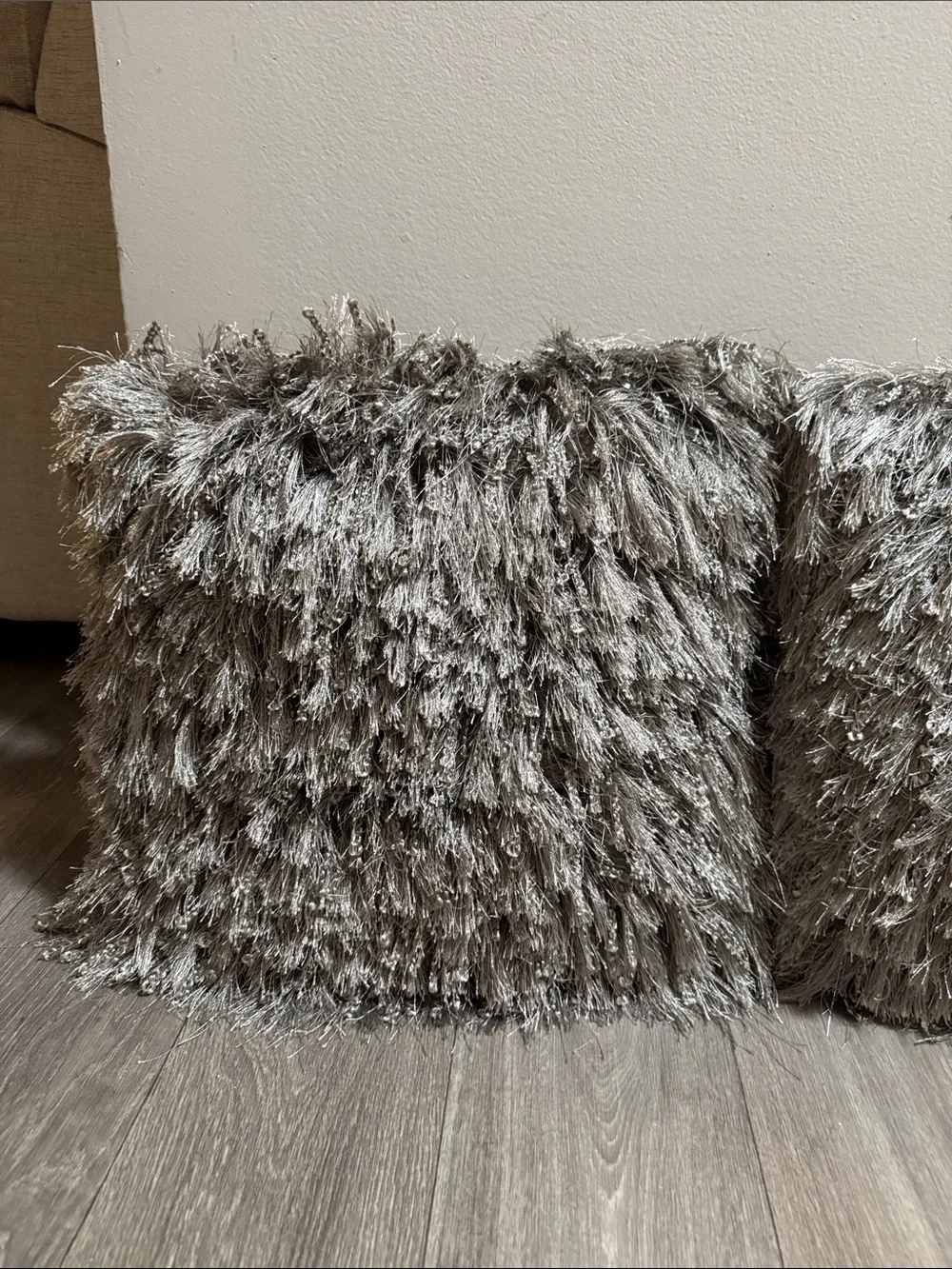2 Shaggy Faux Fur Throw Pillows - Silver Gray Pair
